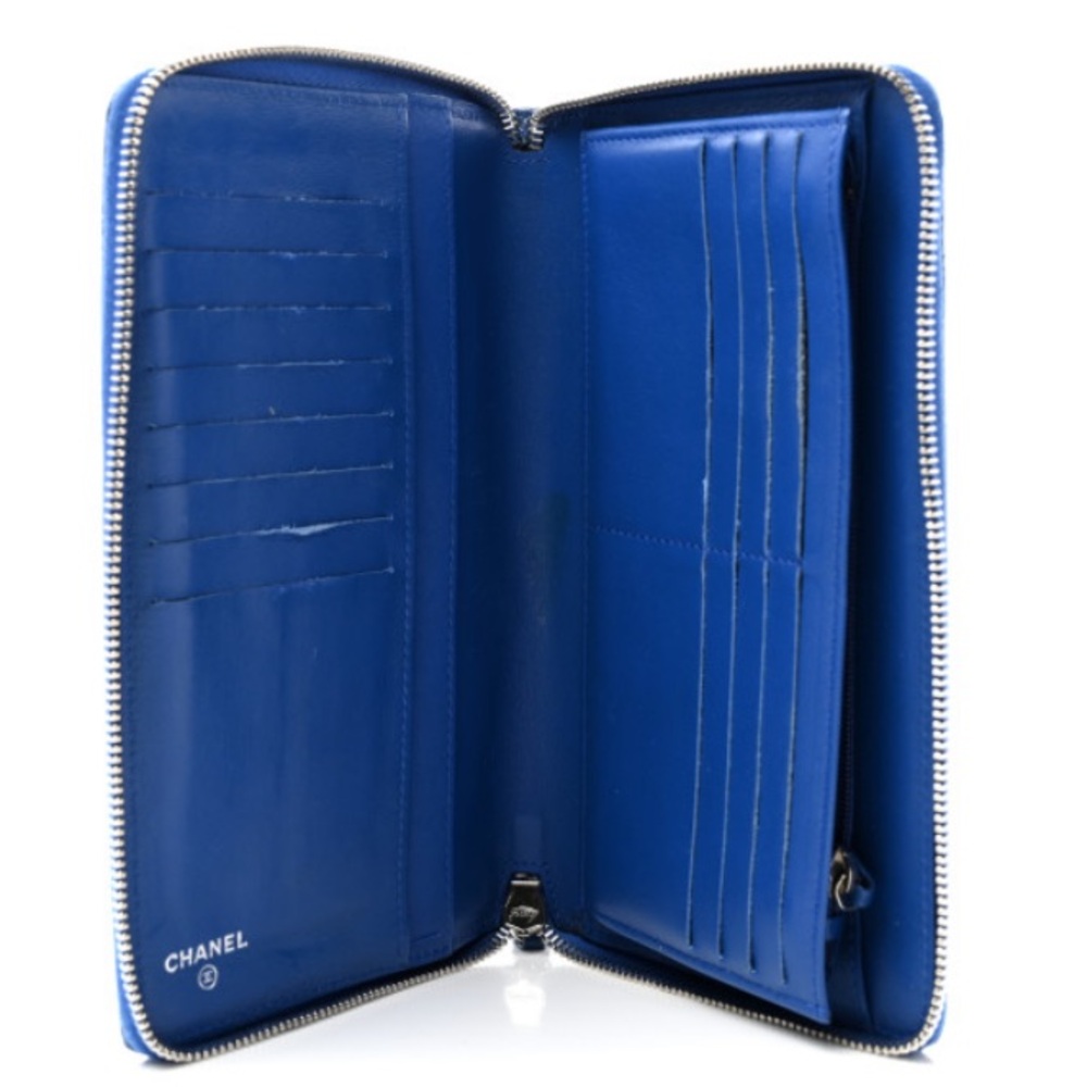 π ELECTRIC BLUE QUILTED LEATHER CHANEL ZIP AROUND ZIPPY LARGE ORGANIZER WALLET - Picture 5 of 12